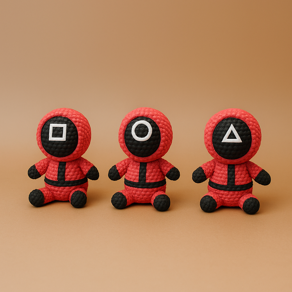 Miniature Squid Game Crochet – Set guardie artigianali su licenza NaraaPrints, realizzate con dettagli curati e colori vivaci.