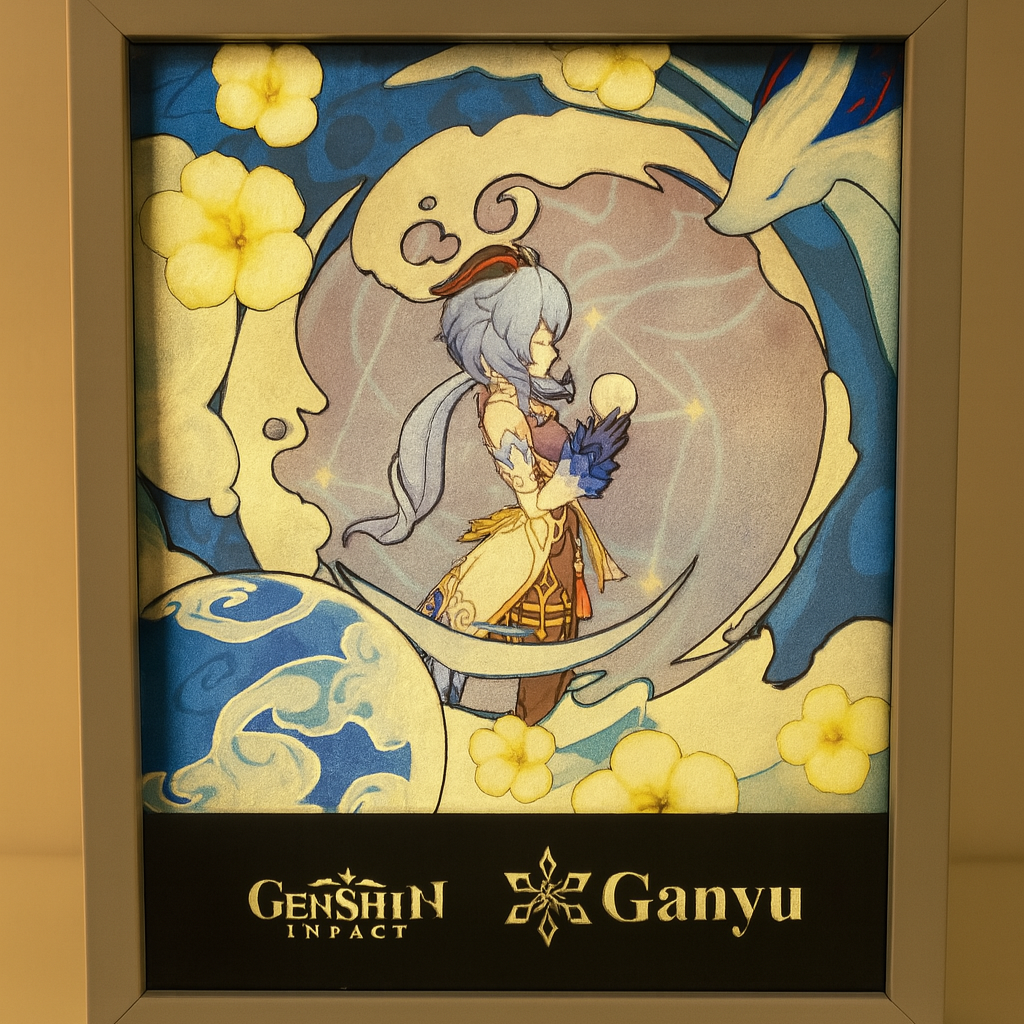 Lightbox artigianale ispirata a Ganyu con sfondo glaciale e cornice bianca