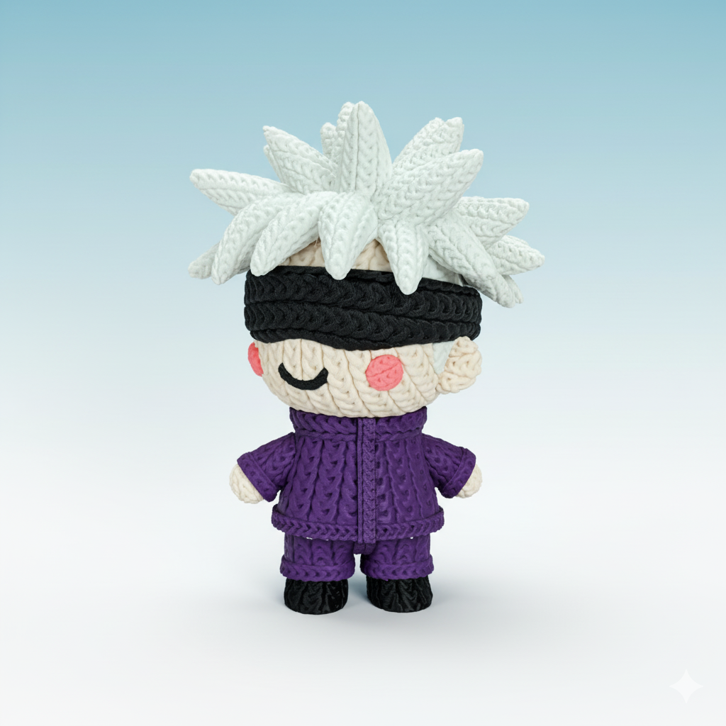 “Gojo Satoru crochet handmade – decorazione da collezione ispirata a Jujutsu Kaisen”