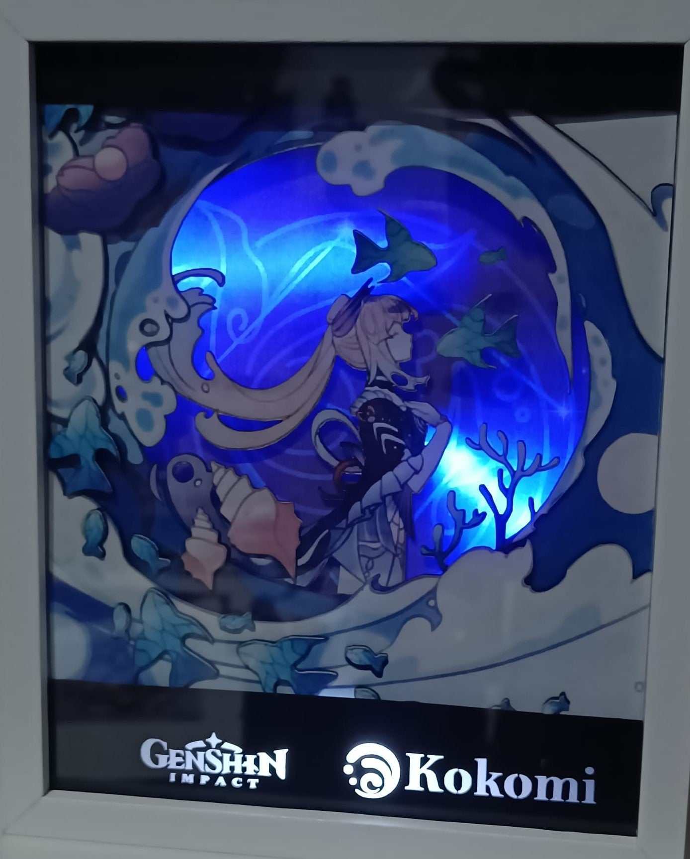 Kokomi lightbox from Genshin Impact with handmade frame and enchanting illumination.