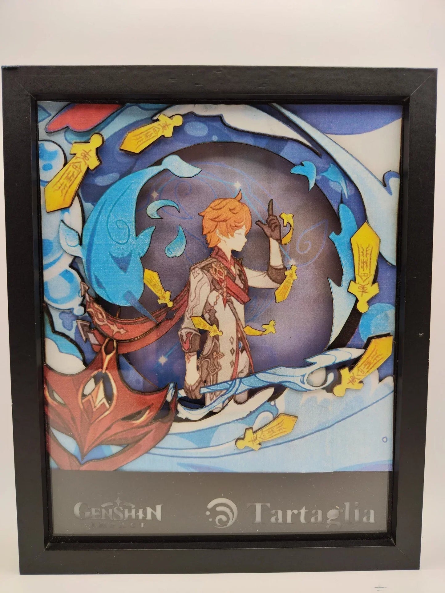 Lightbox Tartaglia di Genshin Impact, cornice artigianale fatta a mano con effetto acqua e maschera dei Fatui