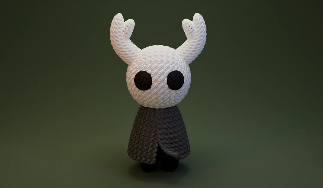 Statua Hollow Knight, stile crochet con sfondo verde
