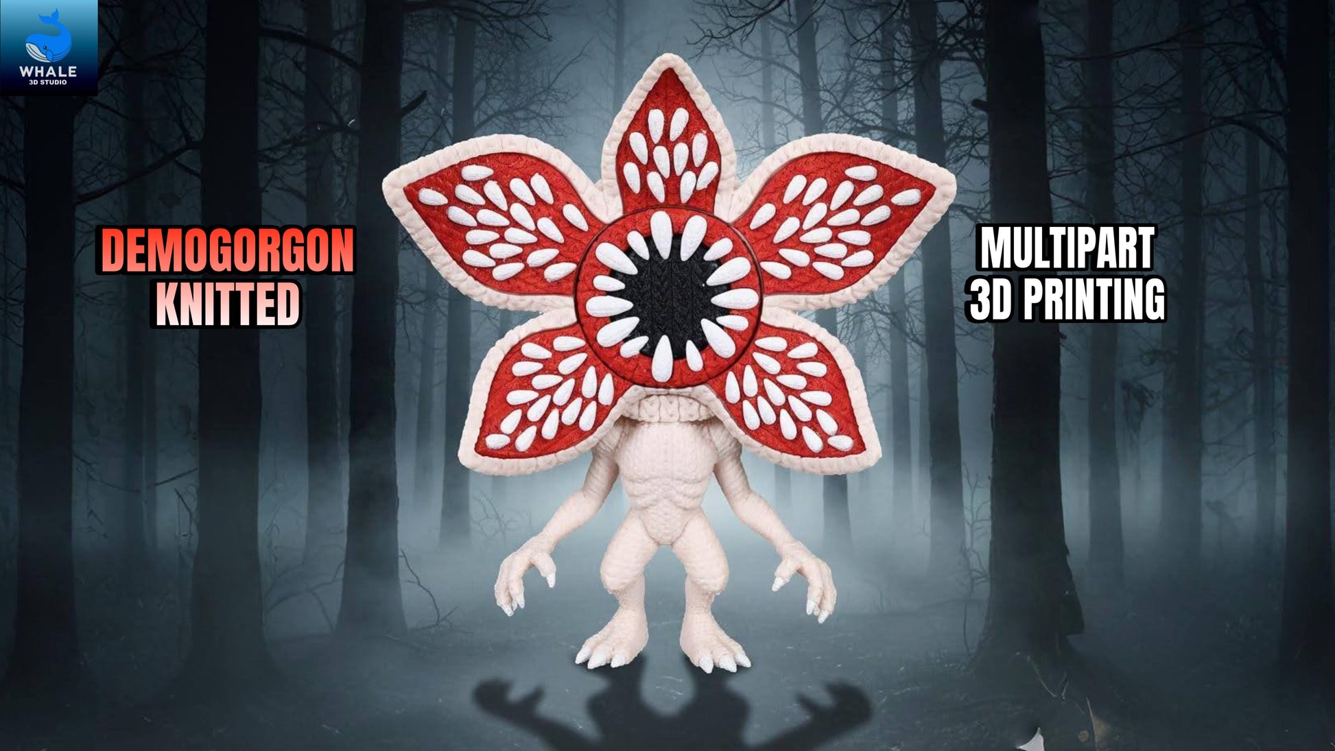 Statua Demogorgone crochet vista frontale su sfondo bosco oscuro ispirato a Stranger Things