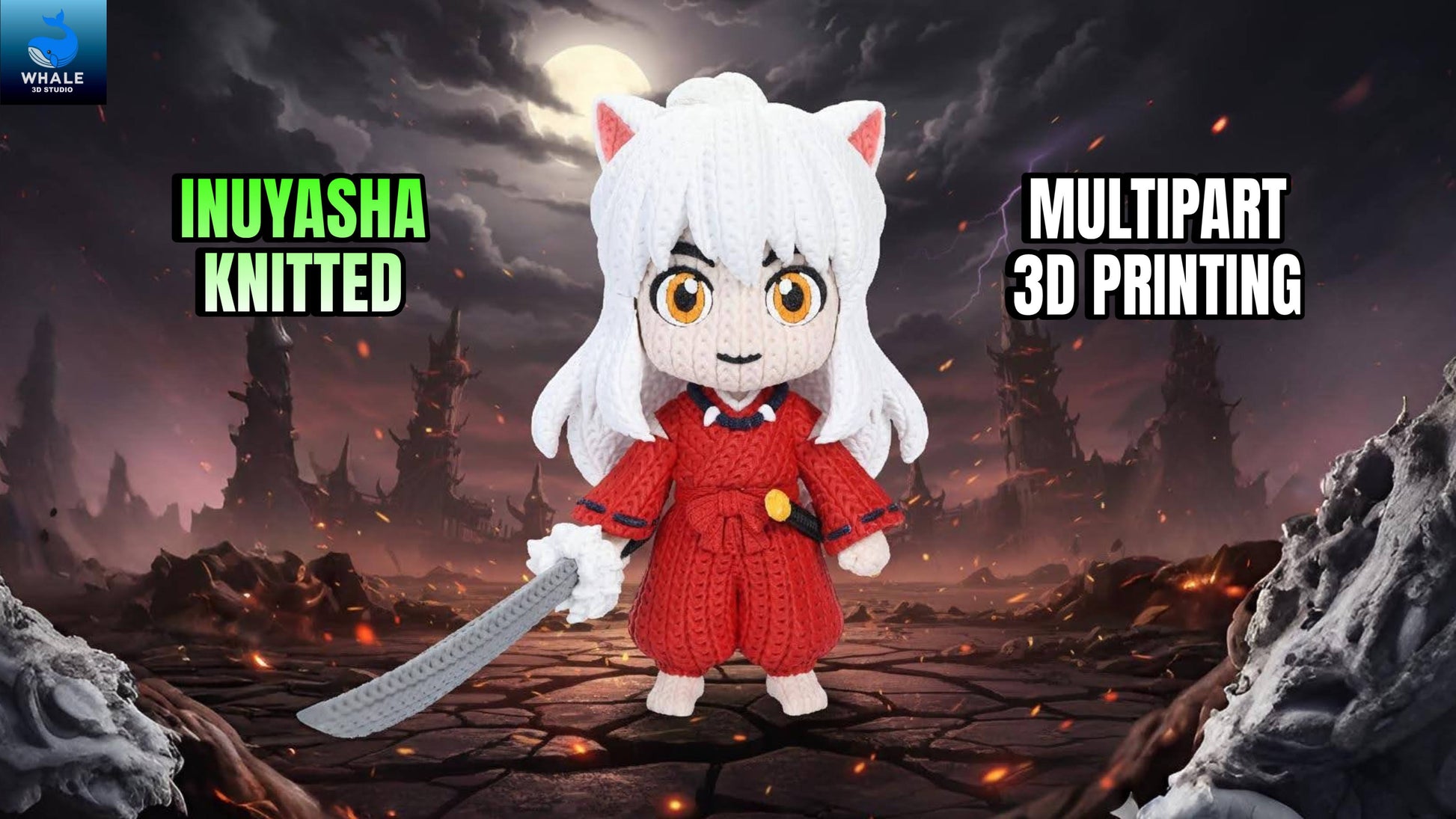 Statua Inuyasha crochet vista frontale su sfondo scenografico