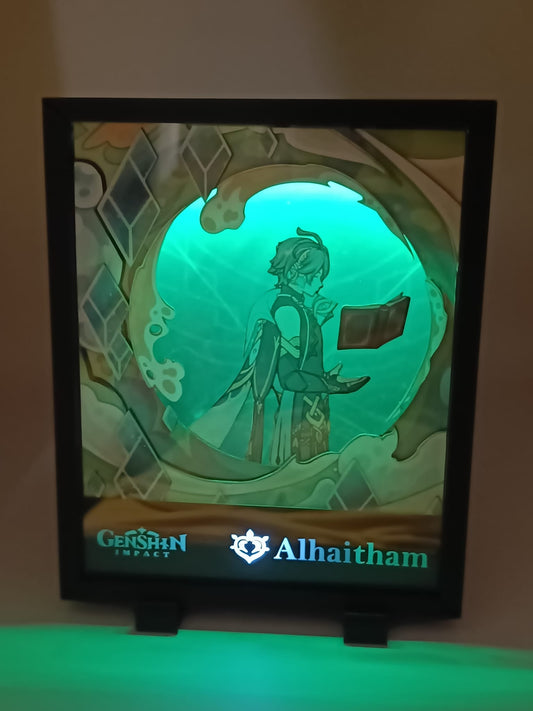 Lightbox artigianale Alhaitham accesa con LED verde