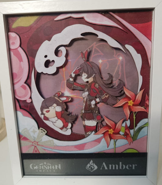Lightbox artigianale con Amber di Genshin Impact in cornice bianca, decorazioni rosse e dettagli floreali