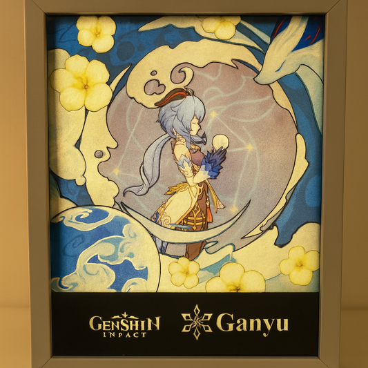 Lightbox artigianale ispirata a Ganyu con sfondo glaciale e cornice bianca