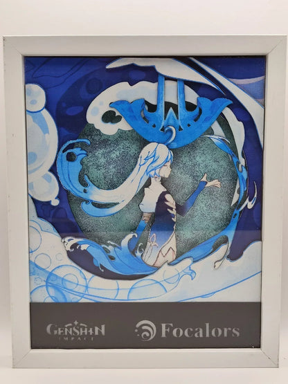 Lightbox artigianale ispirata a Focalors da Genshin Impact, con silhouette dettagliata, colori blu e onde dinamiche che evocano il potere dell'Arconte di Fontaine.