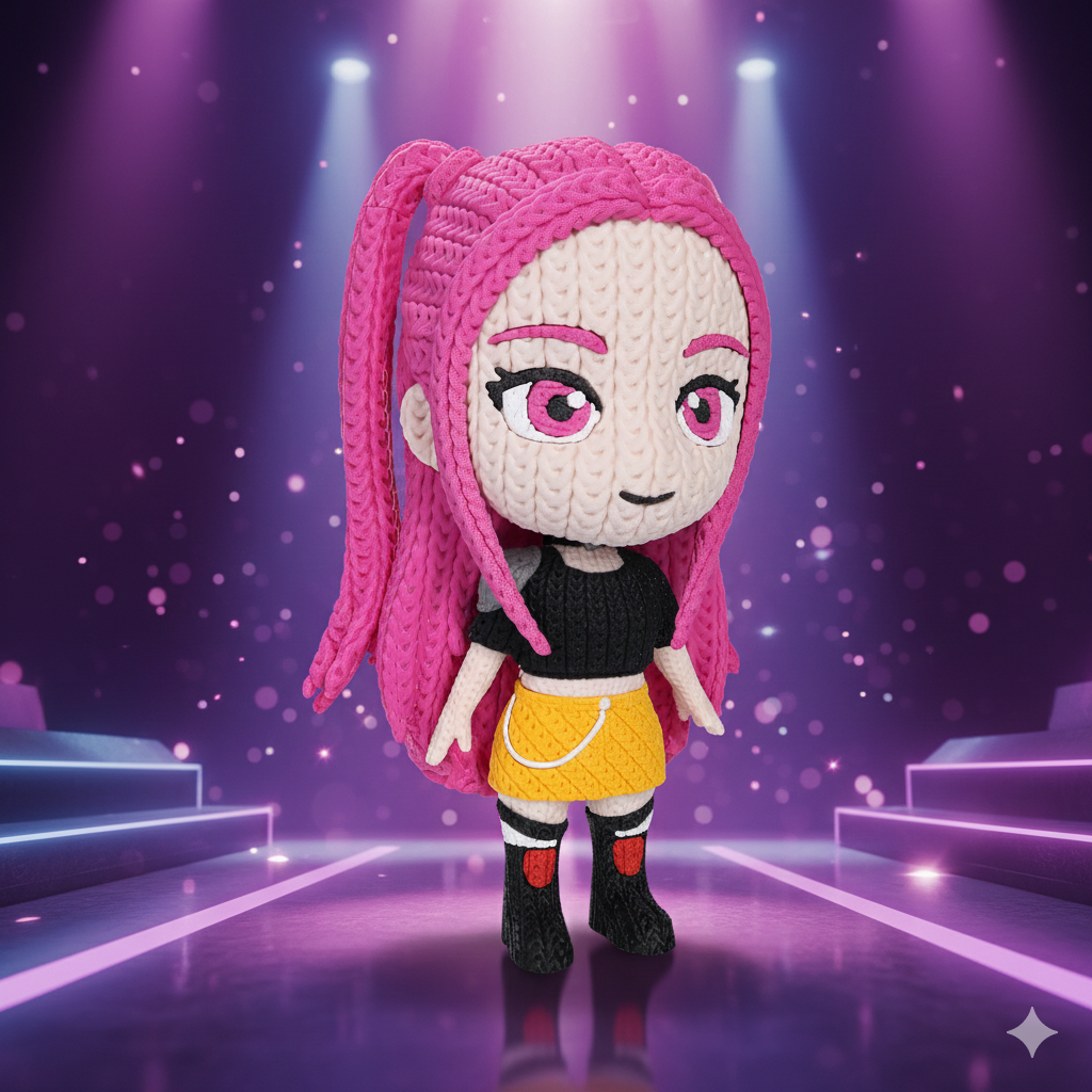 Vista frontale statua Mira crochet con capelli rosa