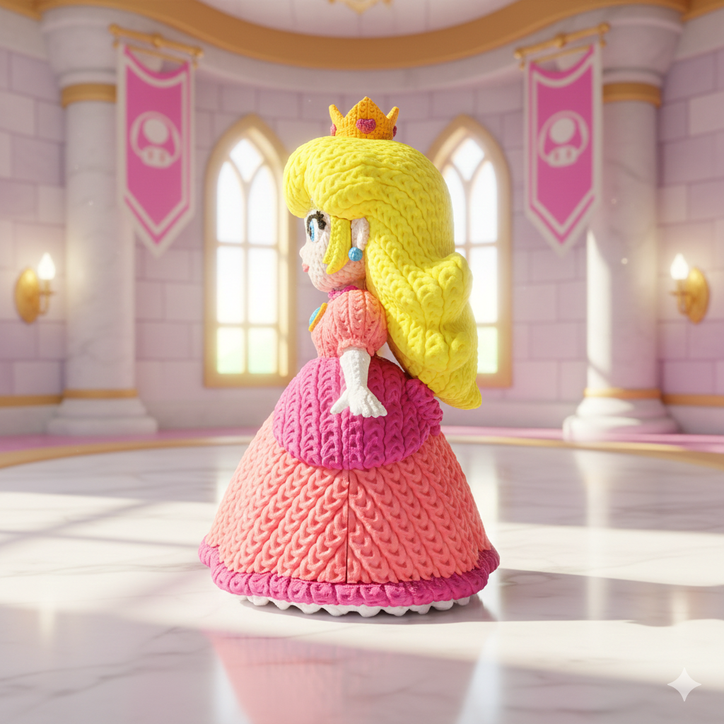 Dettaglio volto statua Peach crochet ispirata al mondo Nintendo