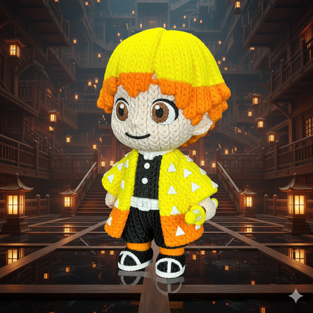 Statua Zenitsu in PLA stile crochet su sfondo interno giapponese