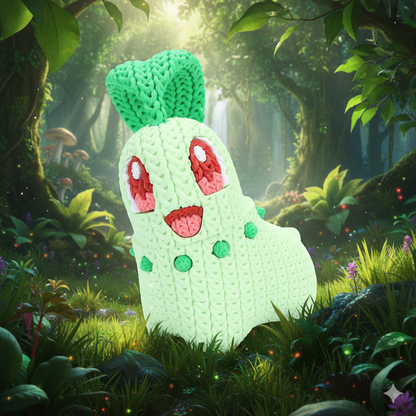Chikorita in Stile Crochet - Creatura Ispirata al Mondo Pokémon | Decorazione Nerd