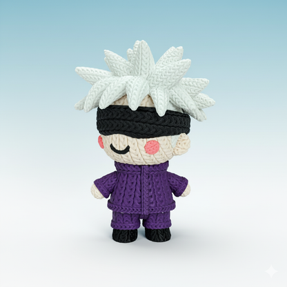 “Gojo Satoru crochet handmade – decorazione da collezione ispirata a Jujutsu Kaisen”