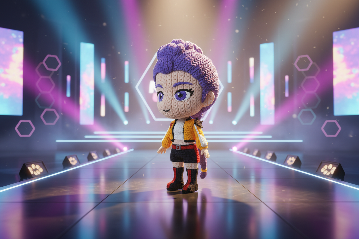 Dettaglio volto statua Rumi crochet con capelli viola