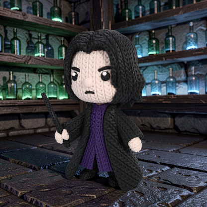 Statuina Severus Piton in stile crochet 3D con dettagli intrecciati e mantello scuro da collezione magica