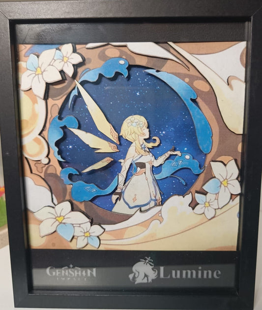 Illustrazione di Lumine da Genshin Impact in cornice decorativa con fiori e sfondo celeste.