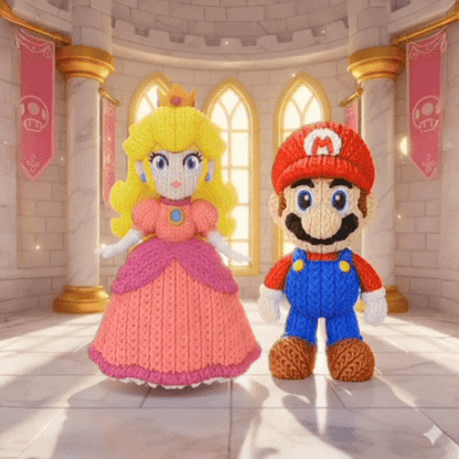 Statua Peach crochet vista frontale su sfondo chiaro in stile kawaii