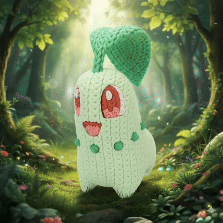 Chikorita in Stile Crochet - Creatura Ispirata al Mondo Pokémon | Decorazione Nerd