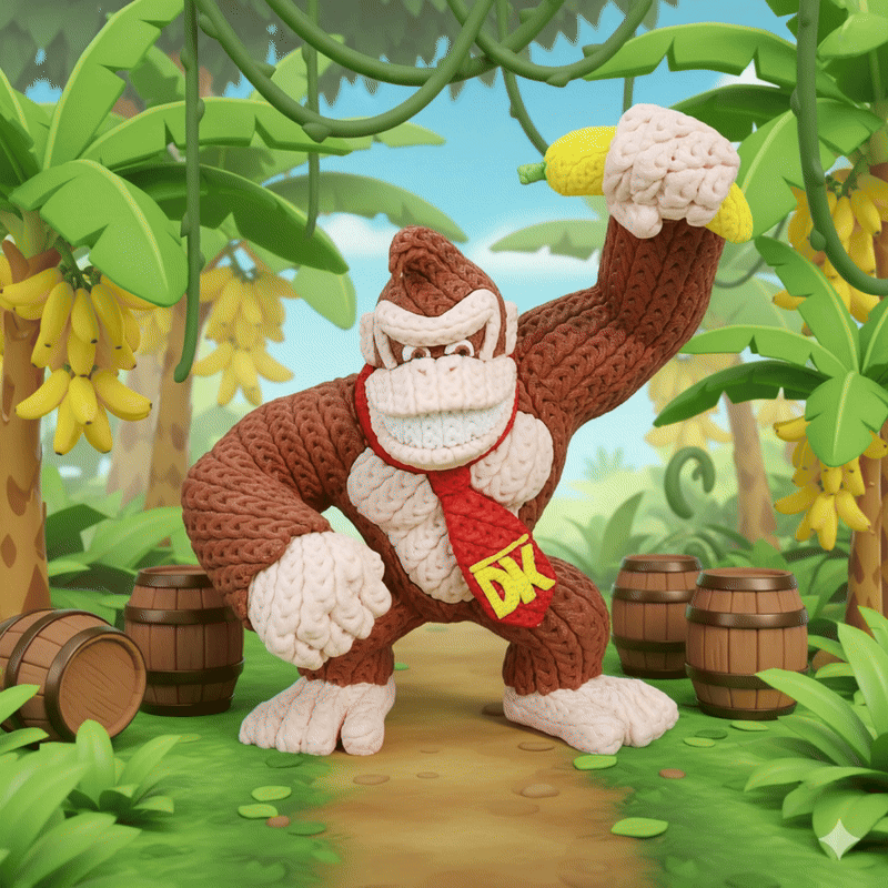 Vista dinamica statua Donkey Kong crochet con banana