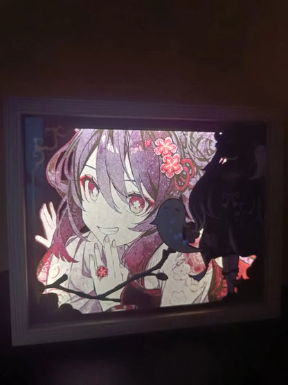 lightbox Hu Tao Genshin Impact accesa con illuminazione calda – vista notturna