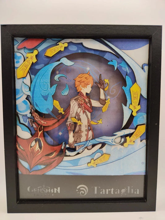 Lightbox Tartaglia di Genshin Impact, cornice artigianale fatta a mano con effetto acqua e maschera dei Fatui