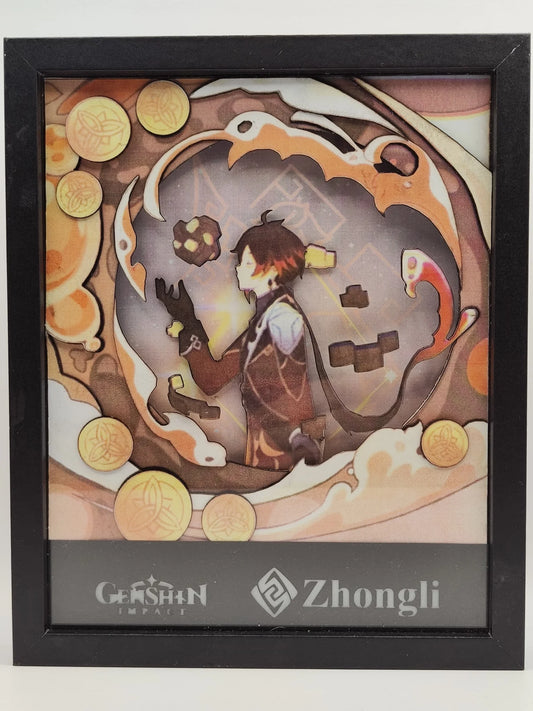 Lightbox artigianale Zhongli di Genshin Impact, cornice fatta a mano con dettagli dorati