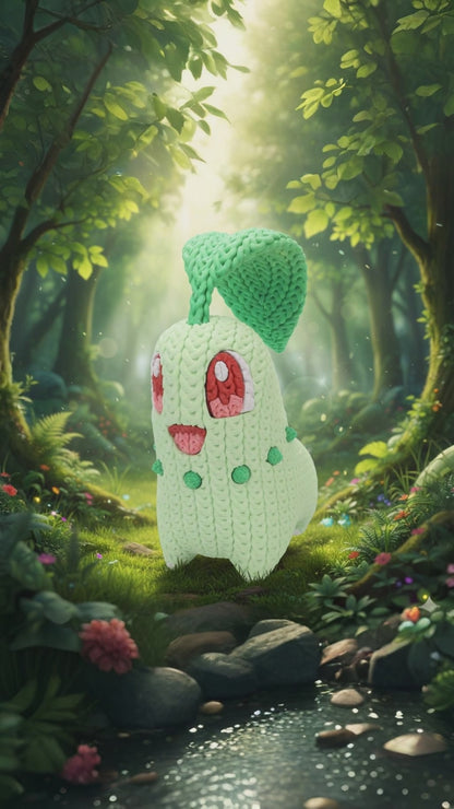 Chikorita in Stile Crochet - Creatura Ispirata al Mondo Pokémon | Decorazione Nerd