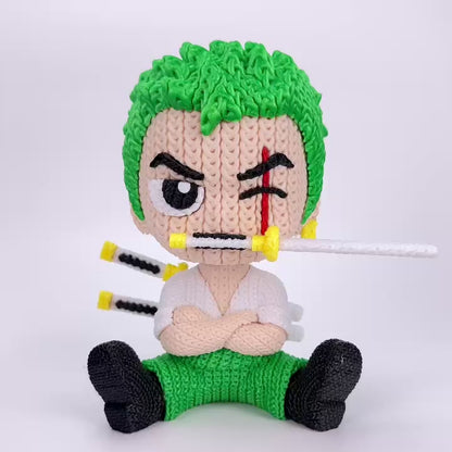 Dettaglio volto statua anime stile crochet ispirata a Zoro

