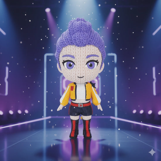 Vista frontale statua Rumi crochet in stile idol pop