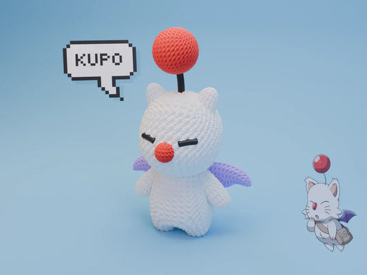 Statua Moogle crochet con sfondo blu e fumetto 'Kupo'