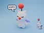 Statua Moogle crochet con sfondo blu e fumetto 'Kupo'