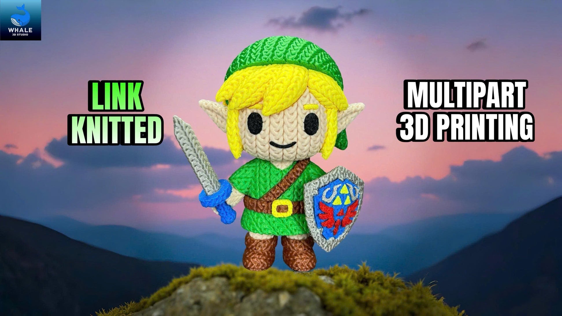 Statua Link in PLA stile crochet con spada e scudo su sfondo fantasy