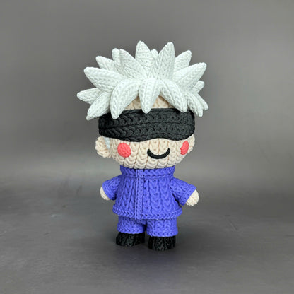“Statua Gojo Satoru crochet realizzata artigianalmente con texture intrecciata”