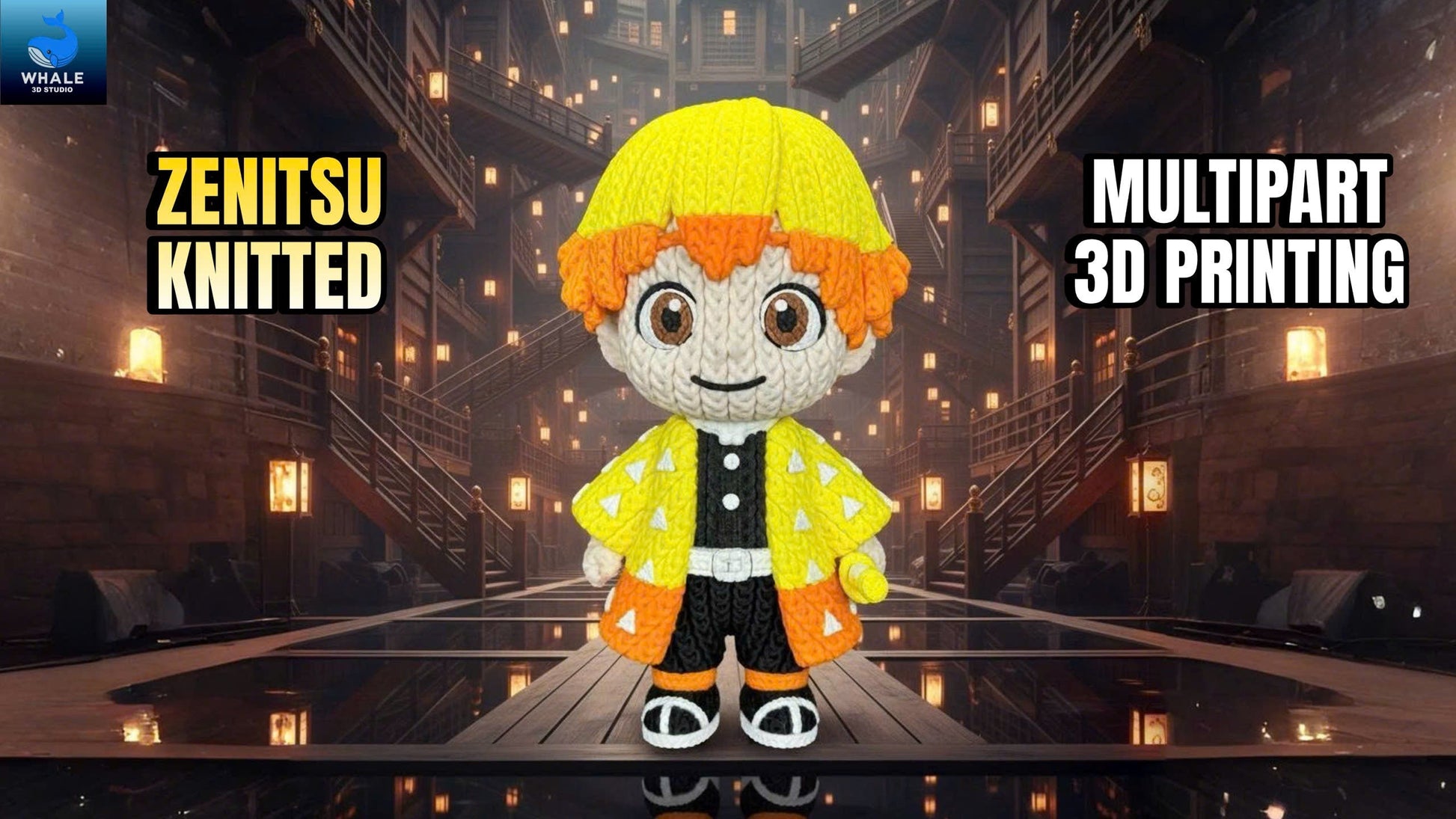 Statua Zenitsu in PLA stile crochet su sfondo interno giapponese