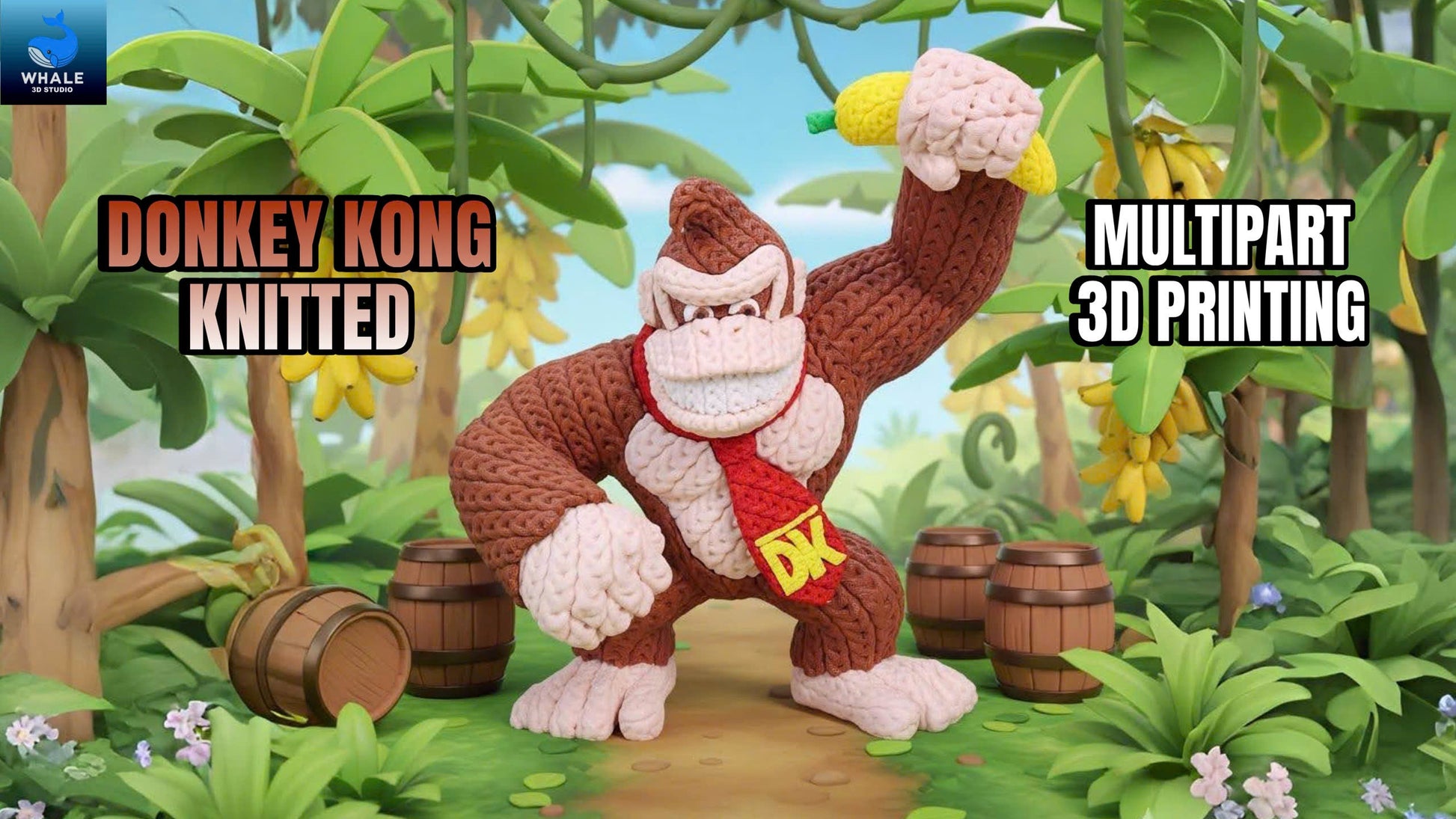 Statua Donkey Kong crochet vista frontale in ambientazione jungle